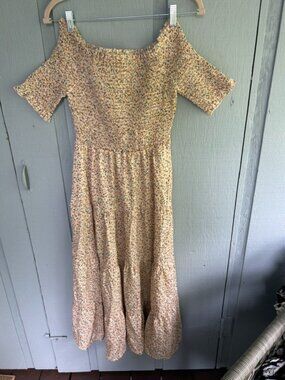 Boho Floral Off Shoulder Smocked Dress Ruffle Hem Size Small